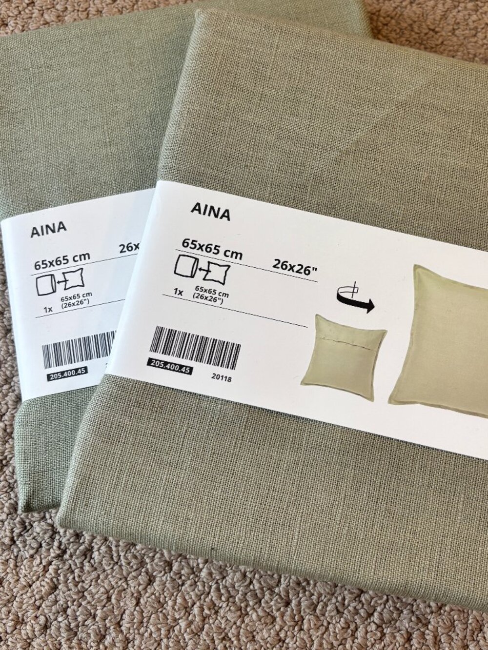 IKEA Aina Cushion Covers - BNWT Sage colour, 26" x 26"
